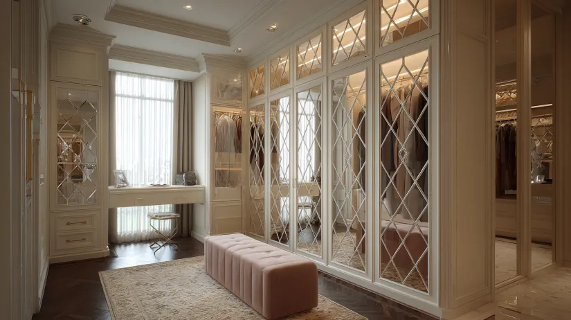 glass wardrobe design with shutters featuring exquisite beveled mirrors