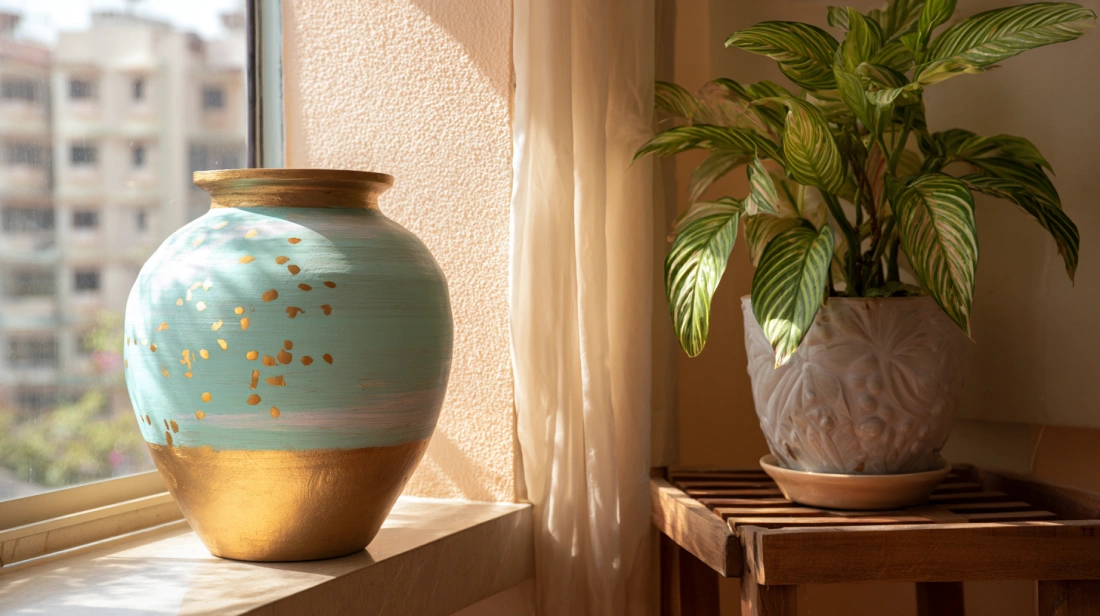 Pastel pot with light gold accents near bright window
