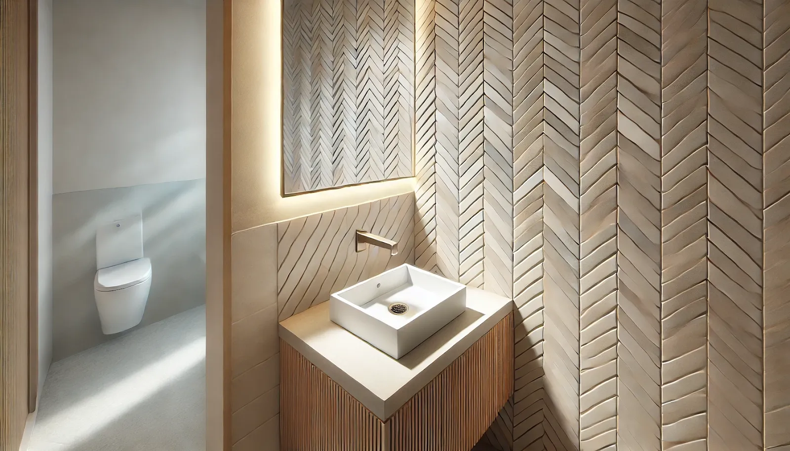 light wood-look herringbone pattern tiles for a chic hall wash basin