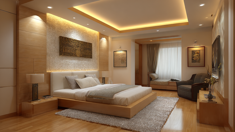 Backlit PVC ceiling design in a modern bedroom