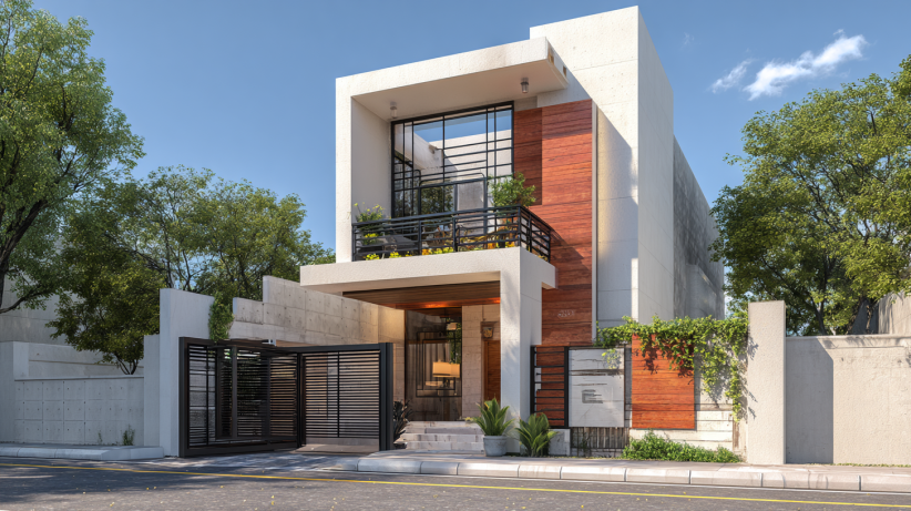 Box frame front elevation design for small house with modern facade
