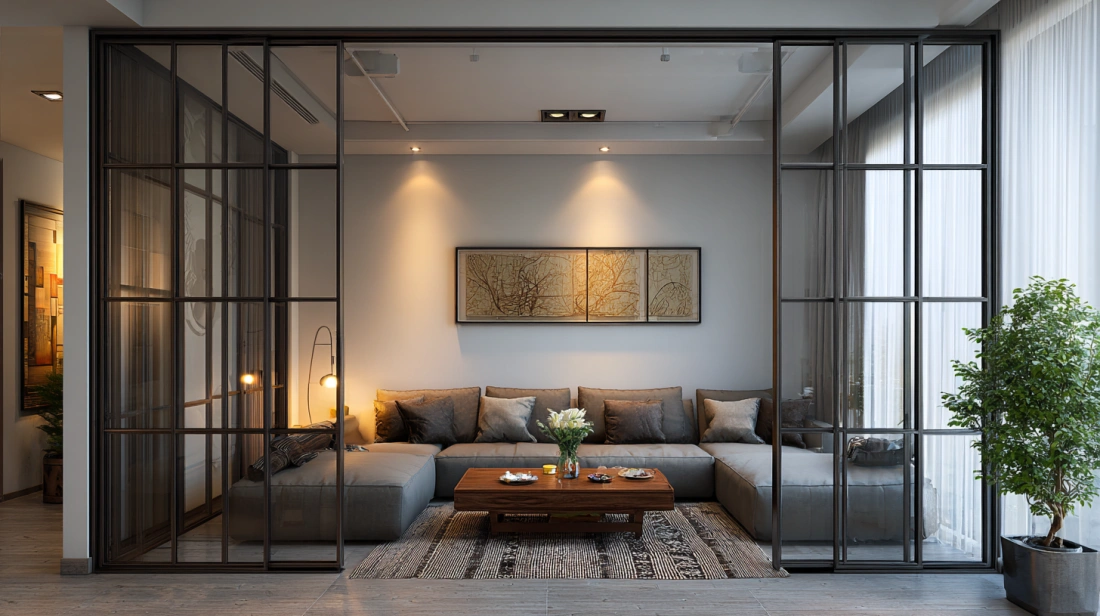 Industrial-style sliding door made of black iron and large glass panes