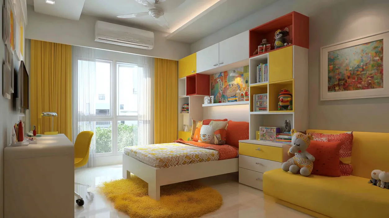 Low Budget Small House Colorful kids' bedroom with yellow and orange accents.
