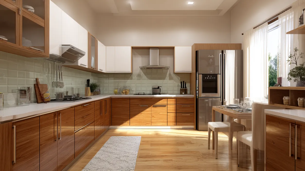Contemporary L-shaped kitchen with wood and white cabinets.