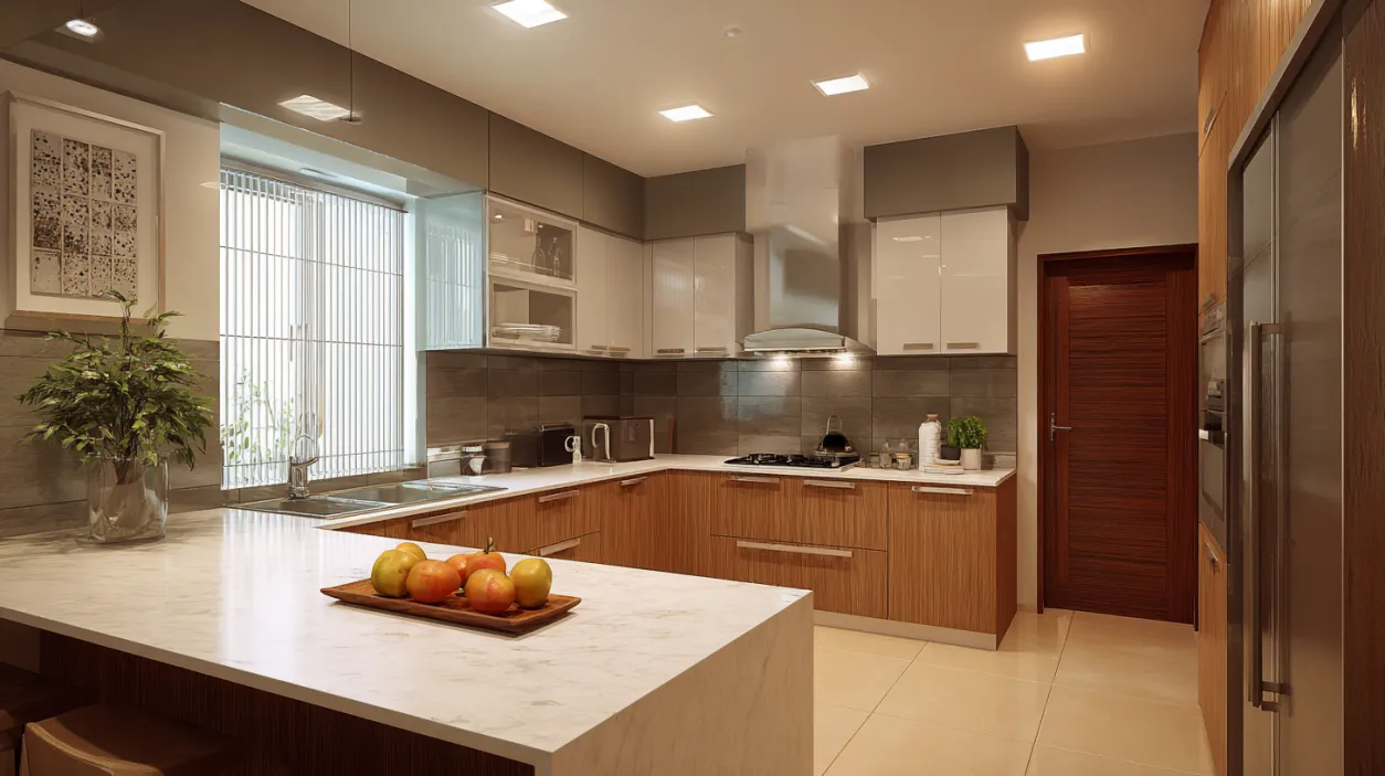 Low Budget Small House Modern L-shaped kitchen with wood and white cabinets.