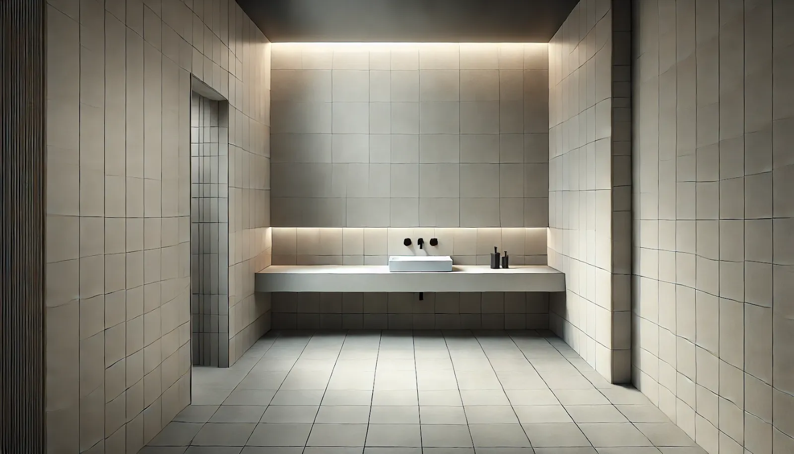 minimal washroom with large white large format tiles for a spacious hall wash basin
