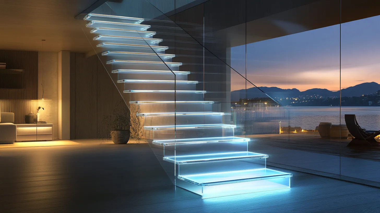 led illuminated stair glass railing design