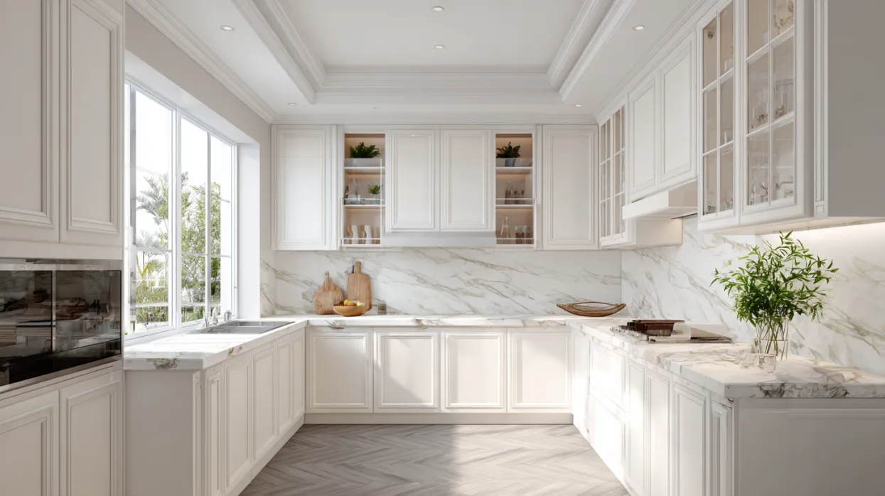 elegant white u shape modular kitchen design with marble countertops