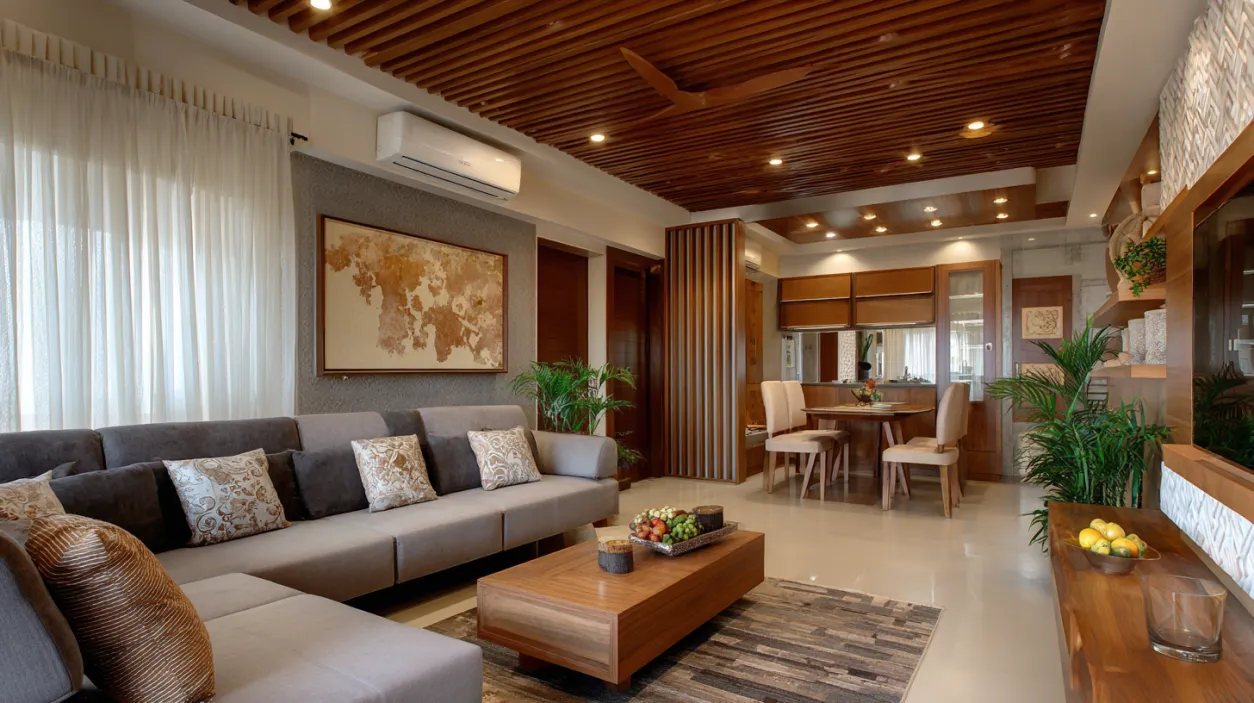Low Budget Small House Large grey sectional sofa in a room with wood ceiling.