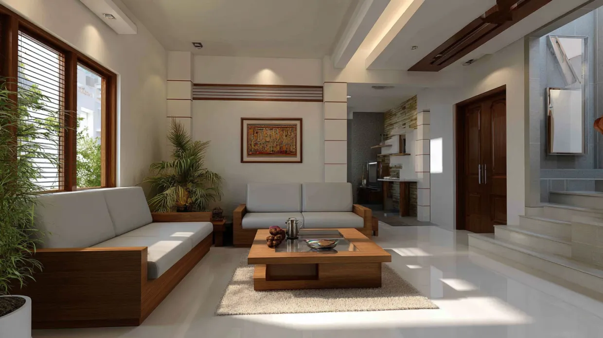 modern living room with wooden sofas, coffee table, and indoor plants