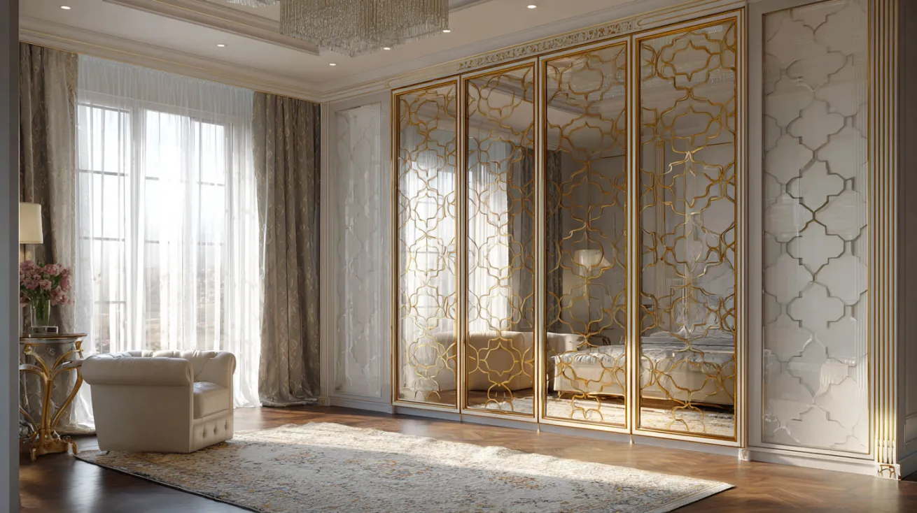 modern glass wardrobe design with mirror and etched glass combination finish