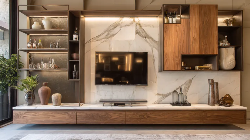 mixed material tv unit design