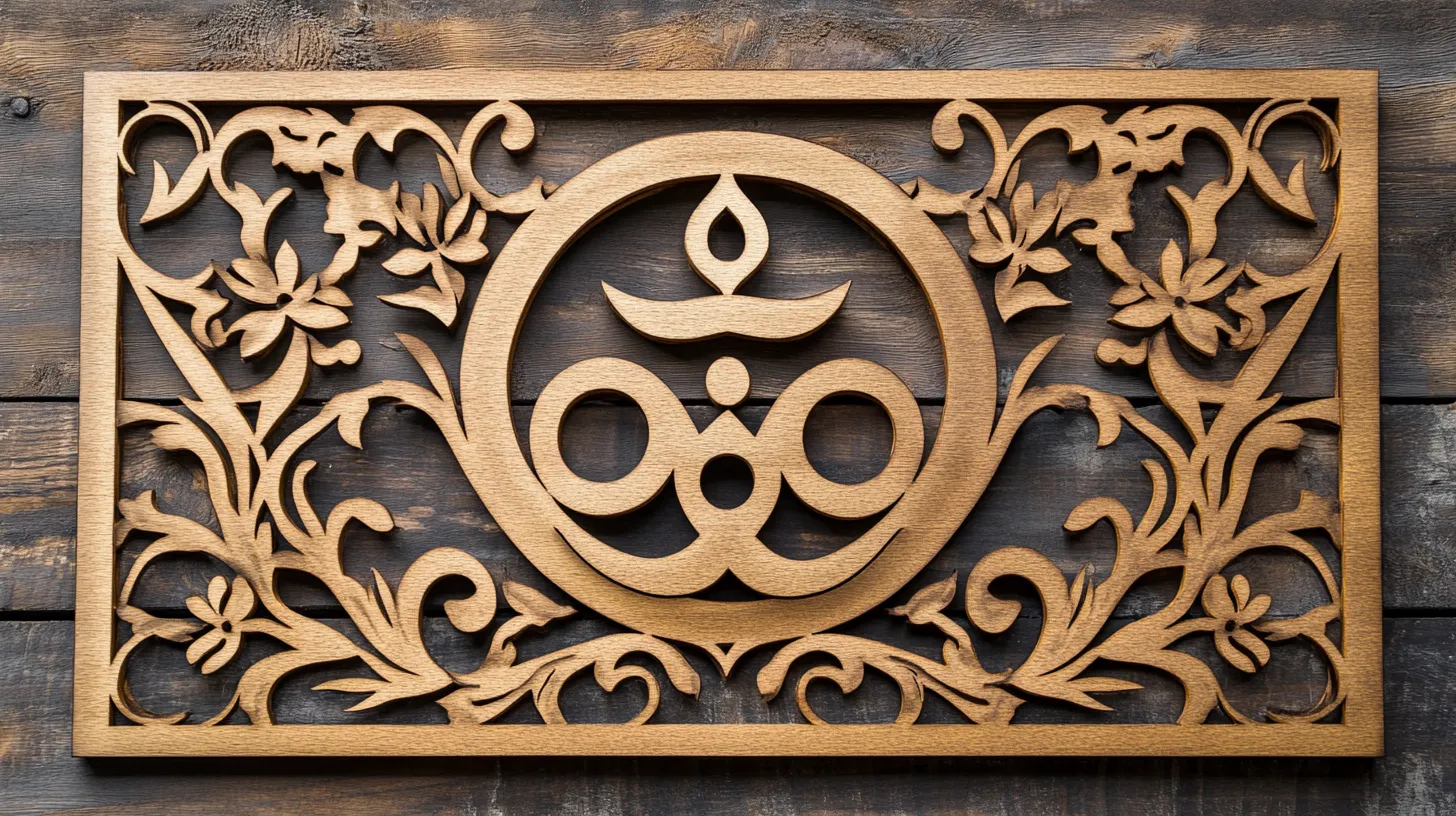 wooden panel with central om serenity cnc cutting design and floral border