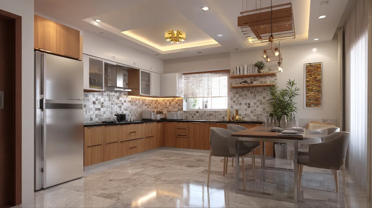 modern open kitchen with yellow and white cabinets and stainless steel appliance