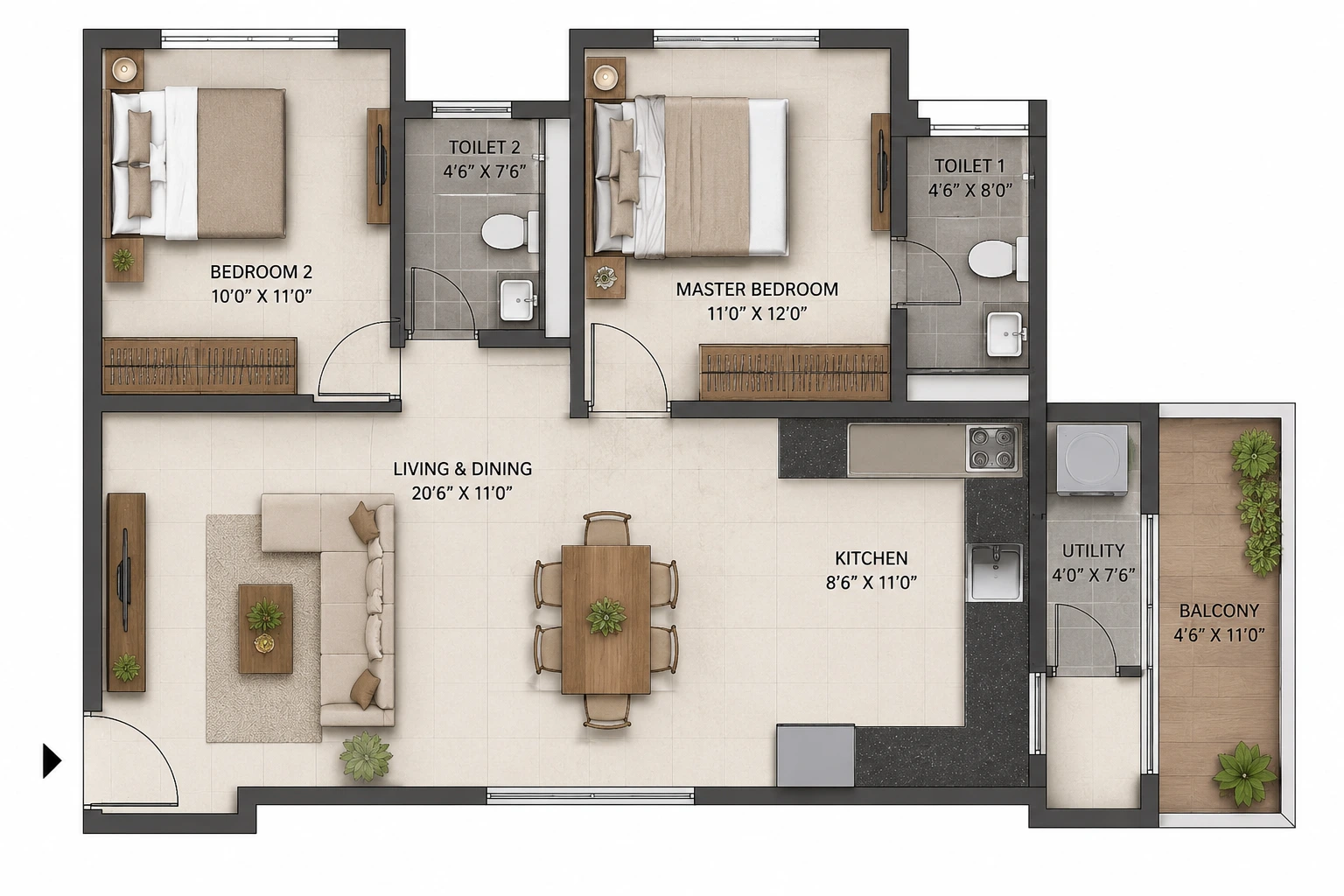 Open Layout 2 Bedroom House Design