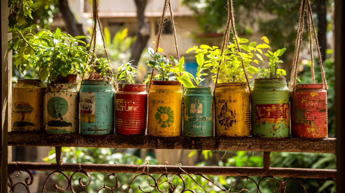 Painted oil cans and jars used as window grill planters