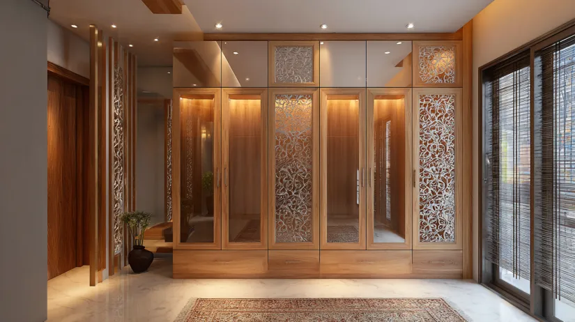 Modern glass wardrobe design with partial glass panels for sleek interiors