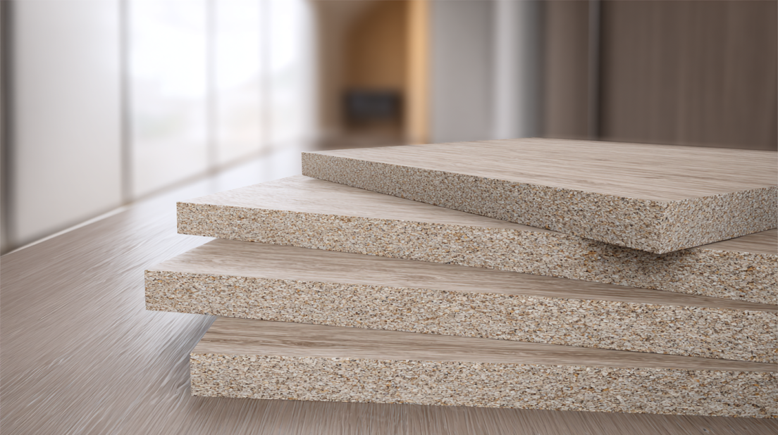 Particle board sheets with compressed wood particle core