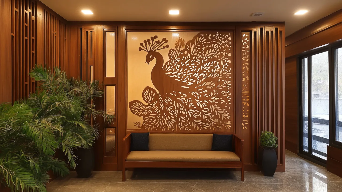 backlit wooden peacock flower cnc cutting jali design wall