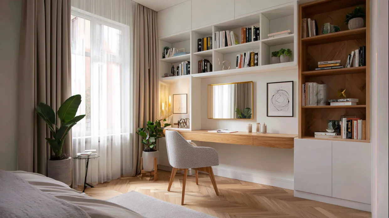compact writing desk in bedroom with lamp and decor
