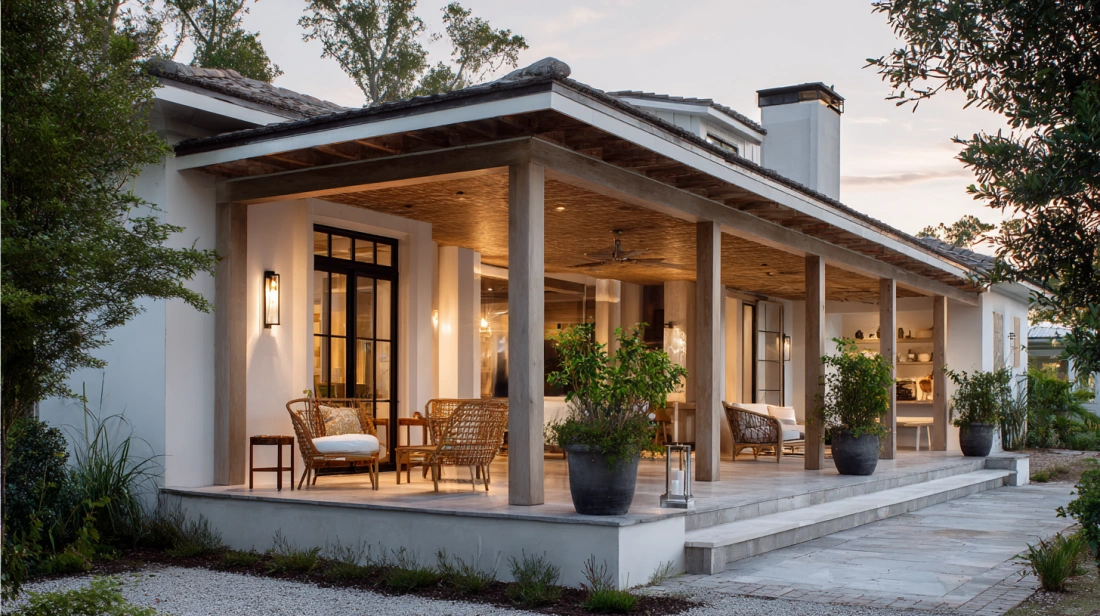 Farmhouse veranda with wooden pillars and cane chairs