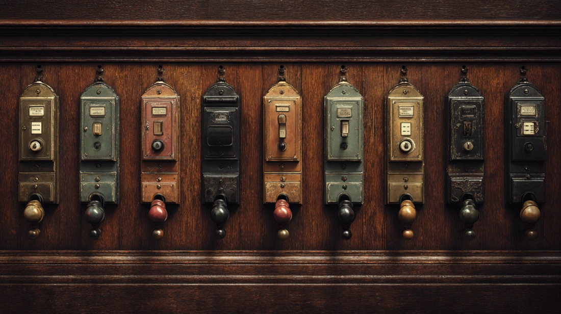 Antique-style brass and iron toggle switches on a dark wood panel