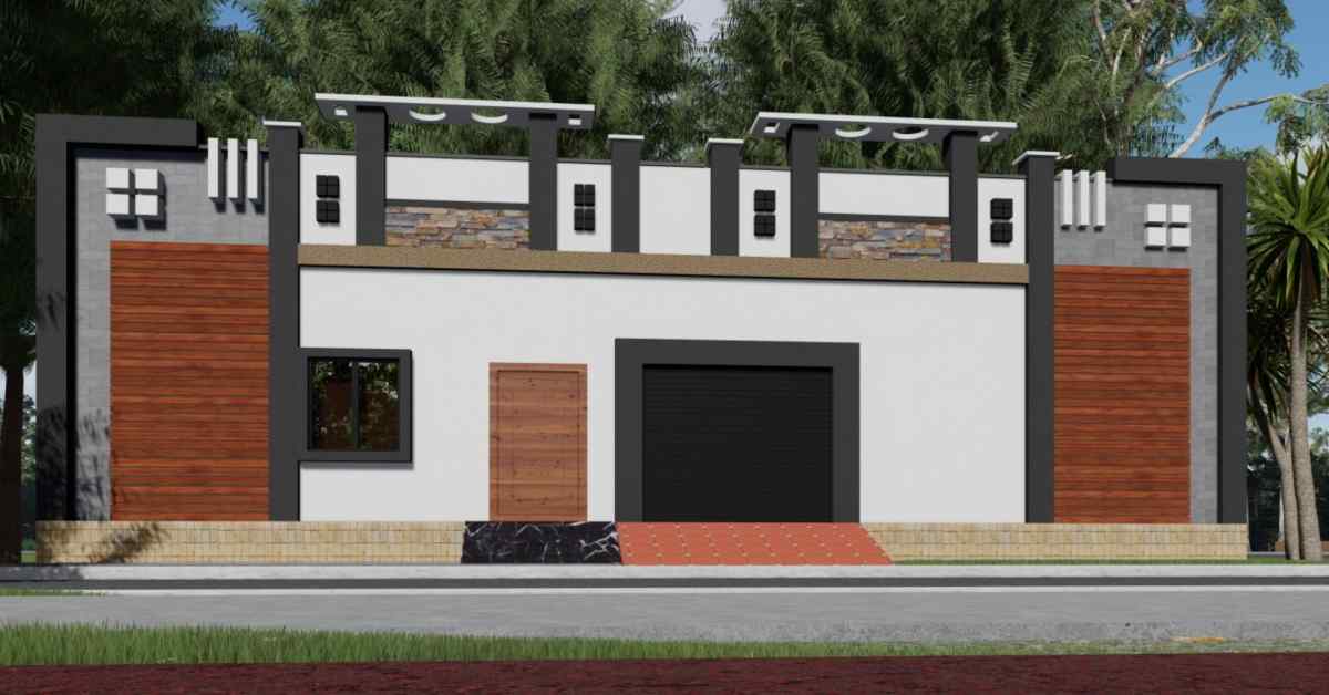 Single-story house with a modern parapet roof and wood paneling