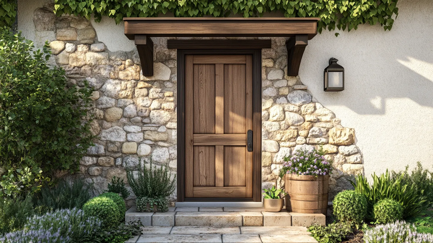 Rustic stone wall entry with a wood door and timber awning