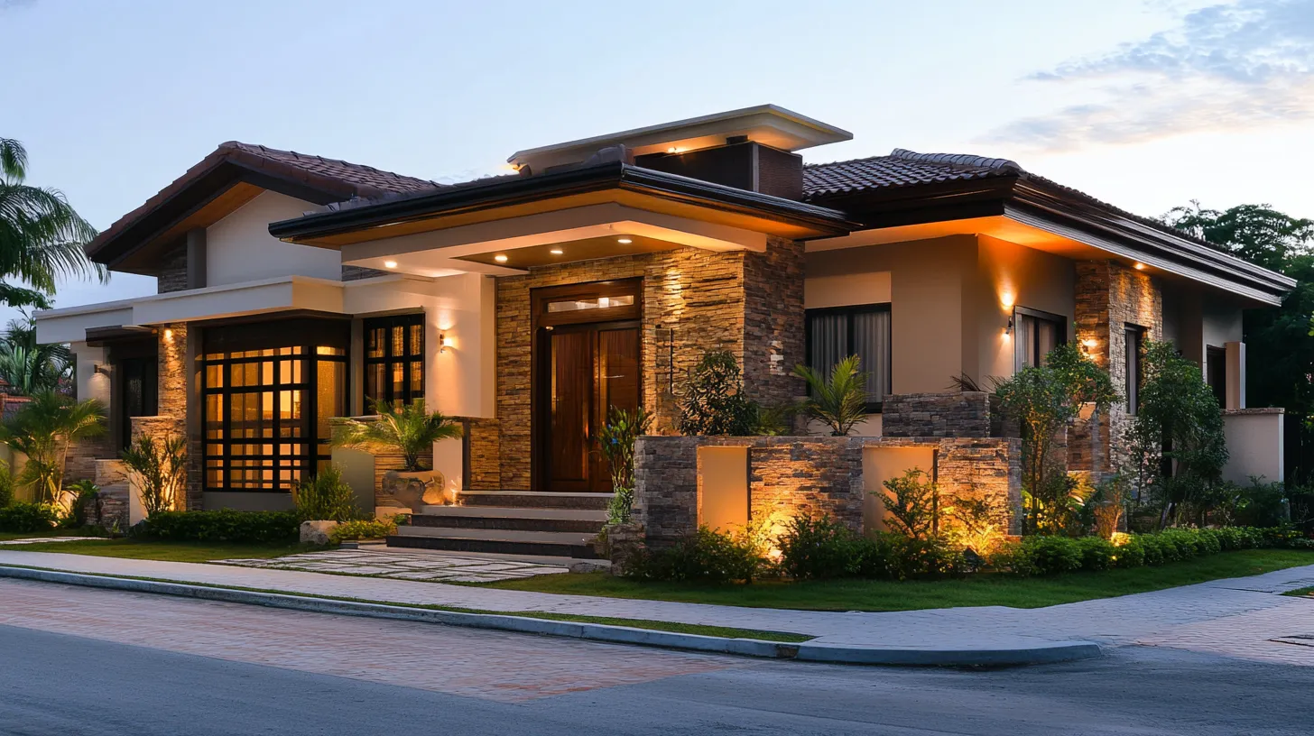 Rustic Village House Design featuring clay roof tiles.
