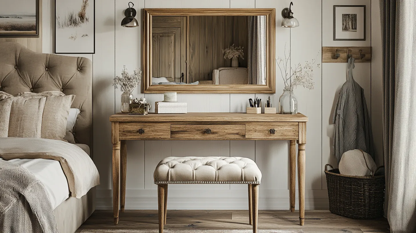 rustic wooden dressing table with mirror frame