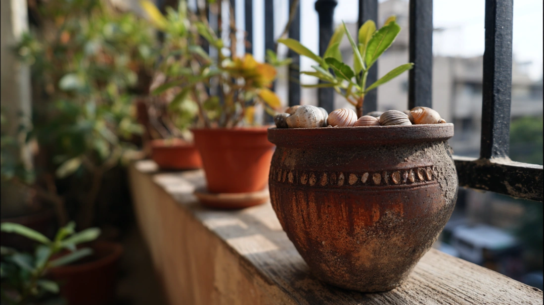 Sand texture pot with shells kept in balcony corner