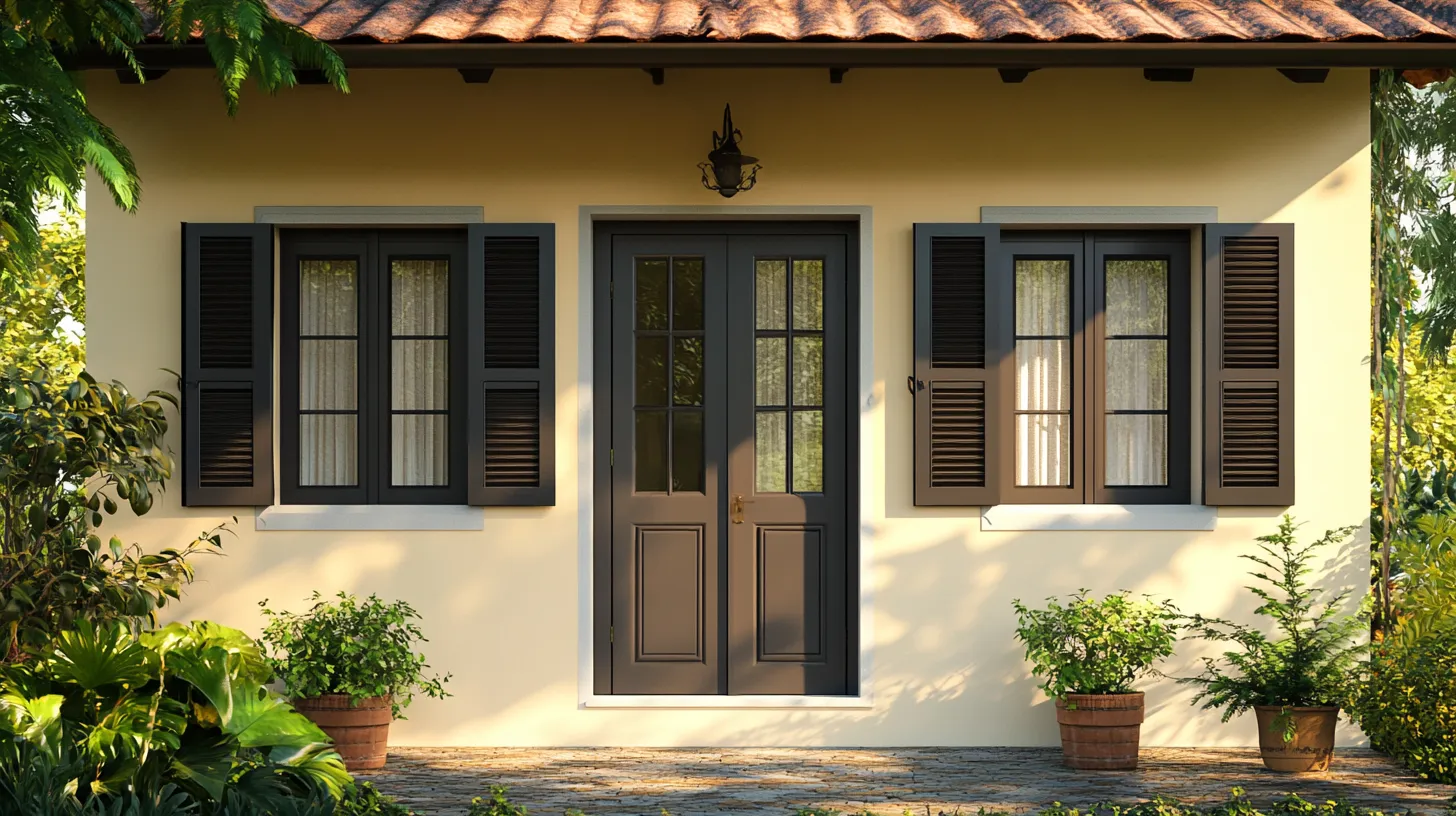 Beige home with dark louvered shutters and a tiled roof
