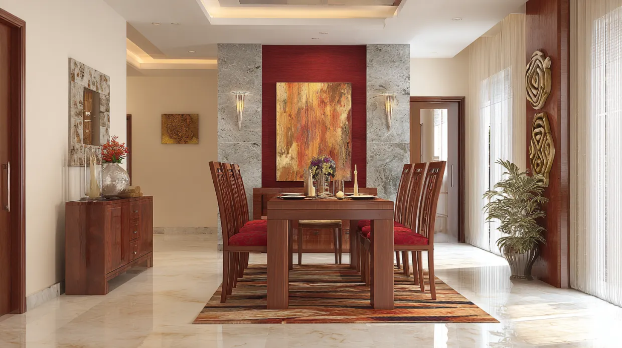 indian style dining room design with vibrant colours and carved wood
