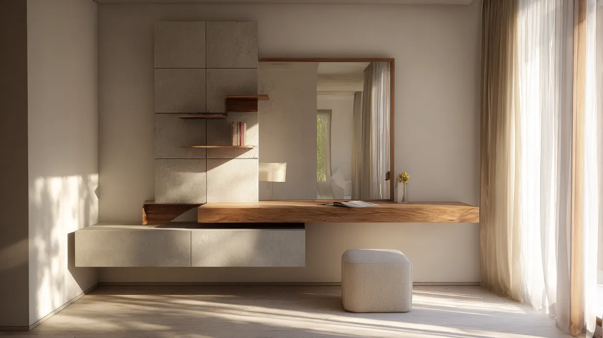 simple style floating wooden dressing table with clean lines and storage, ideal for modern bedroom interiors