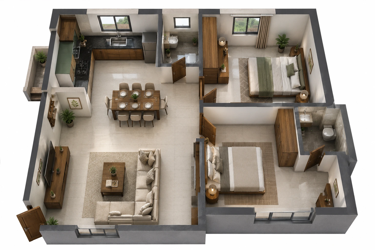 Single Floor 2 Bedroom House Plan