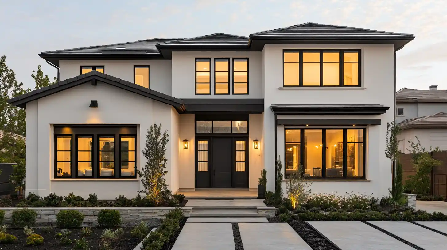 Modern two-story white house with black window frames and warm lights
