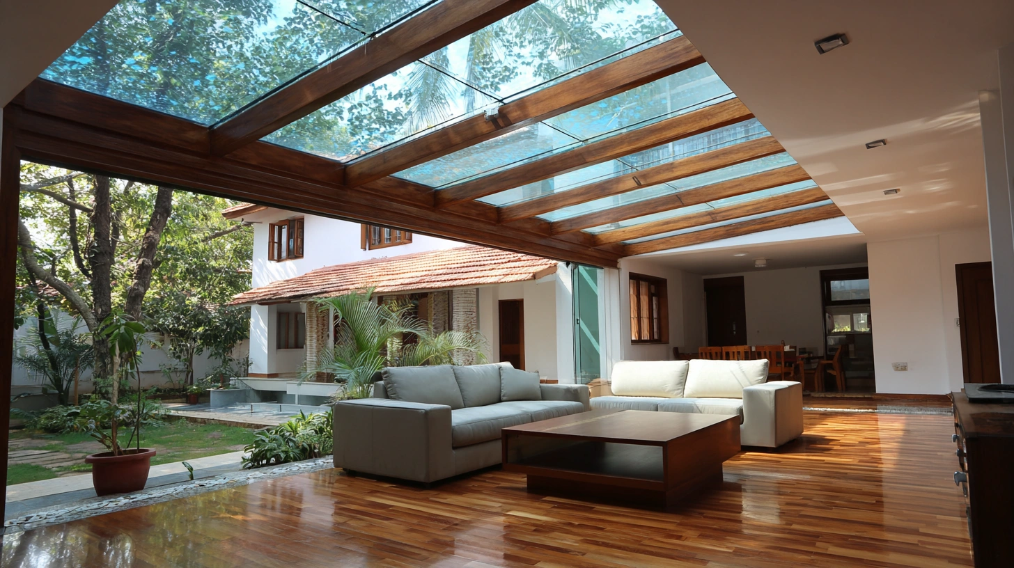 Retractable sliding glass skylight over a wooden living room