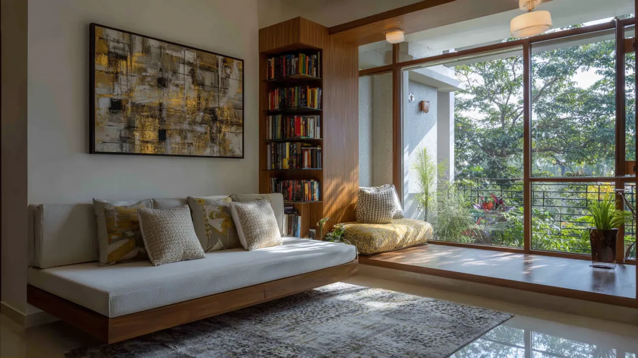 Minimalist living area with floor seating and library.