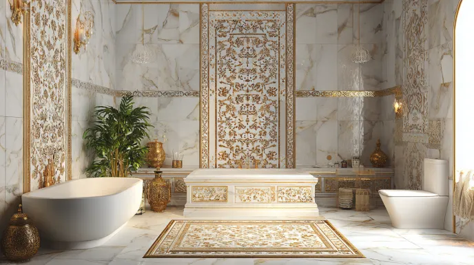 Royal smart bathroom design with ornate gold tiles and white tub.