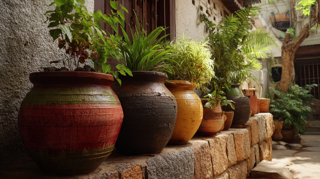 Stone texture painted pots along compound wall plants