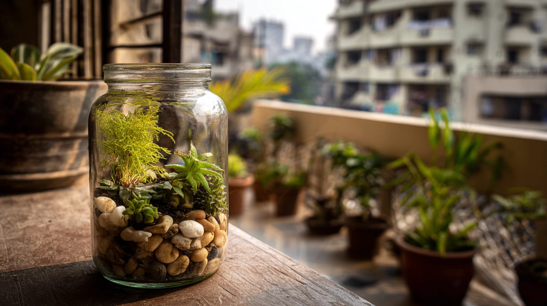 Glass jar terrarium kept on sunny balcony table