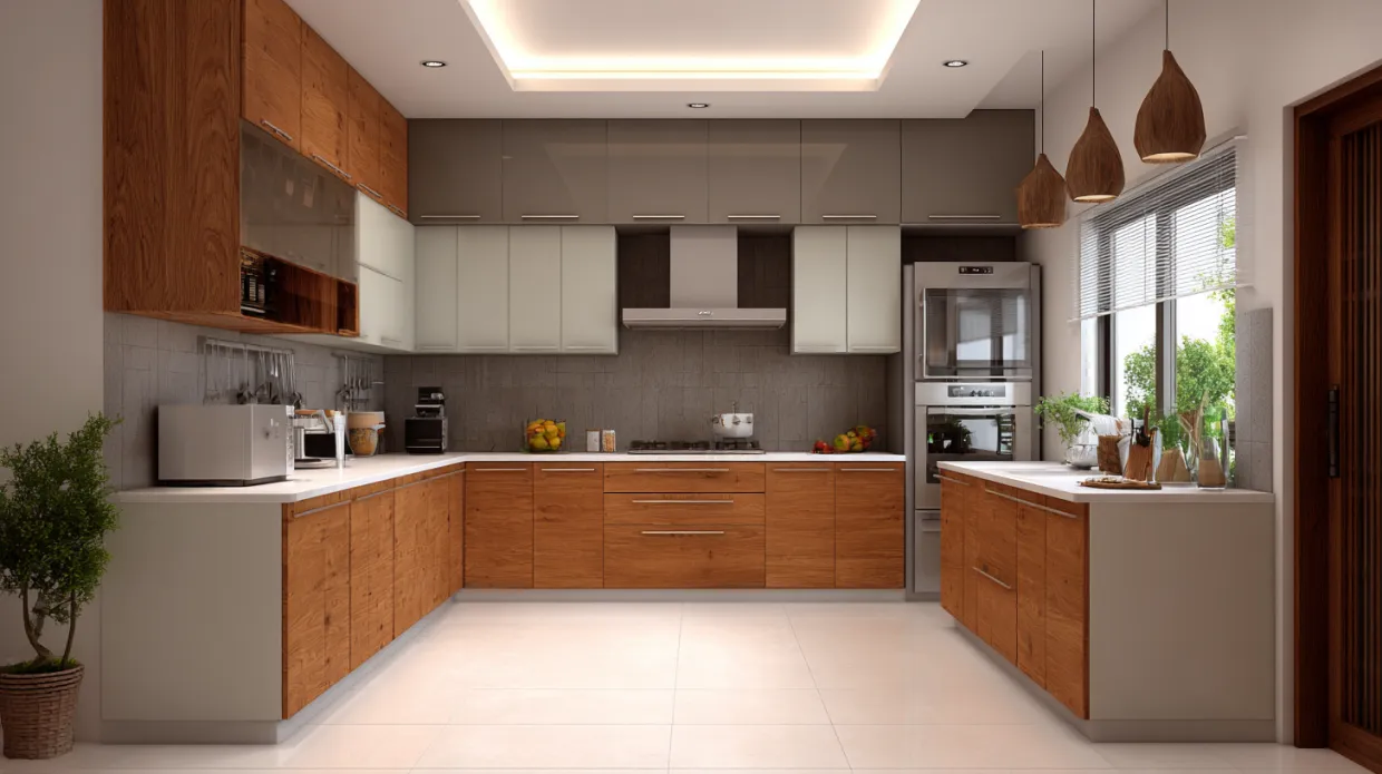 warm-toned kitchen with wooden cabinets and beige countertops