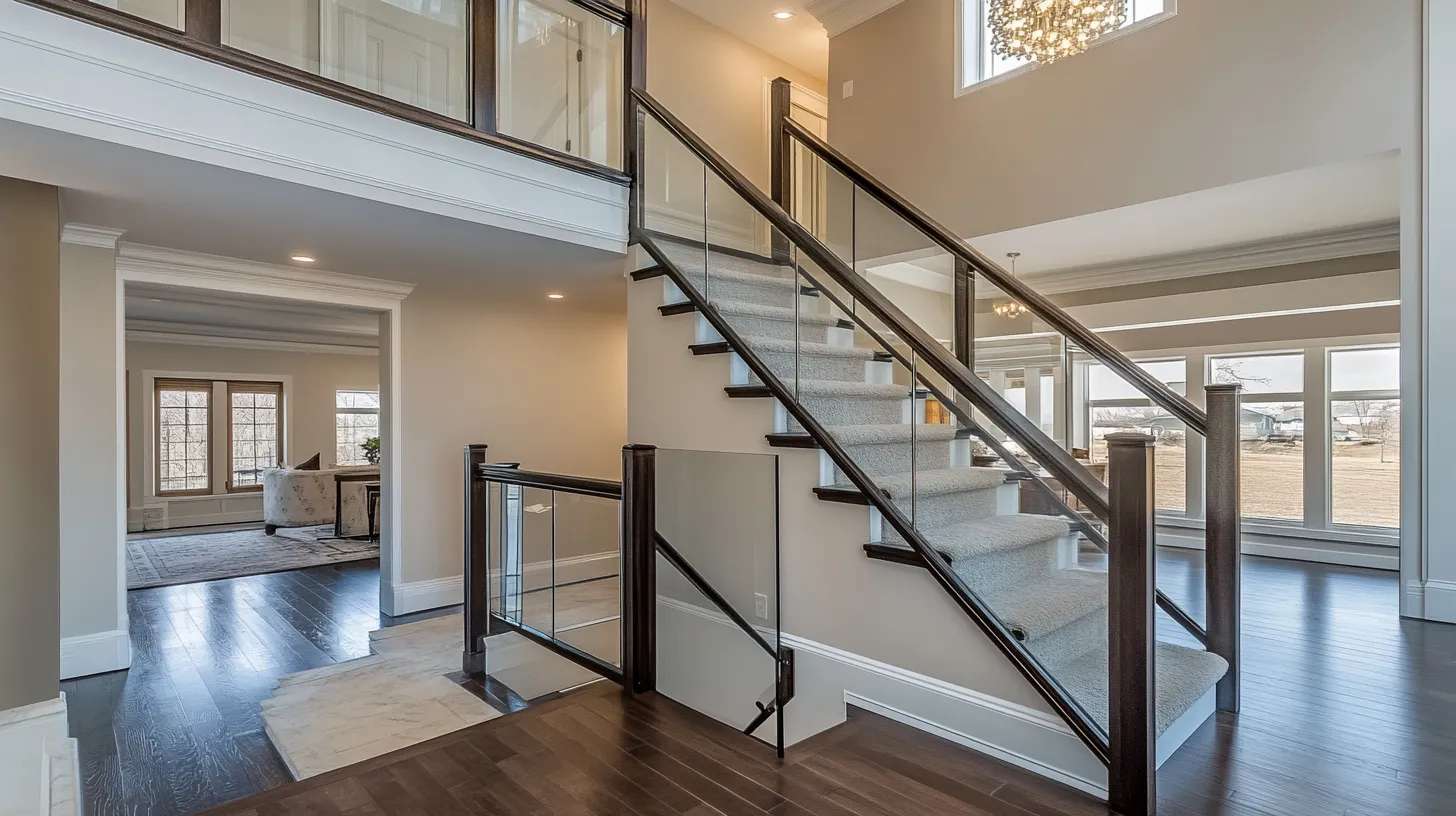 tiled stairs with glass railing design