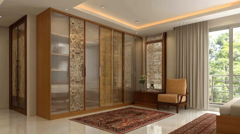 modern glass wardrobe design featuring sleek translucent glass panels for style