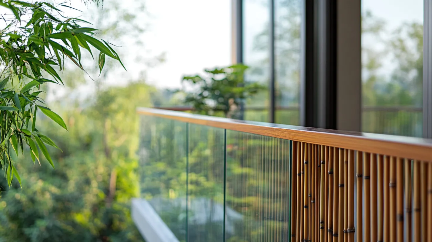 transparent glass railing design with bamboo