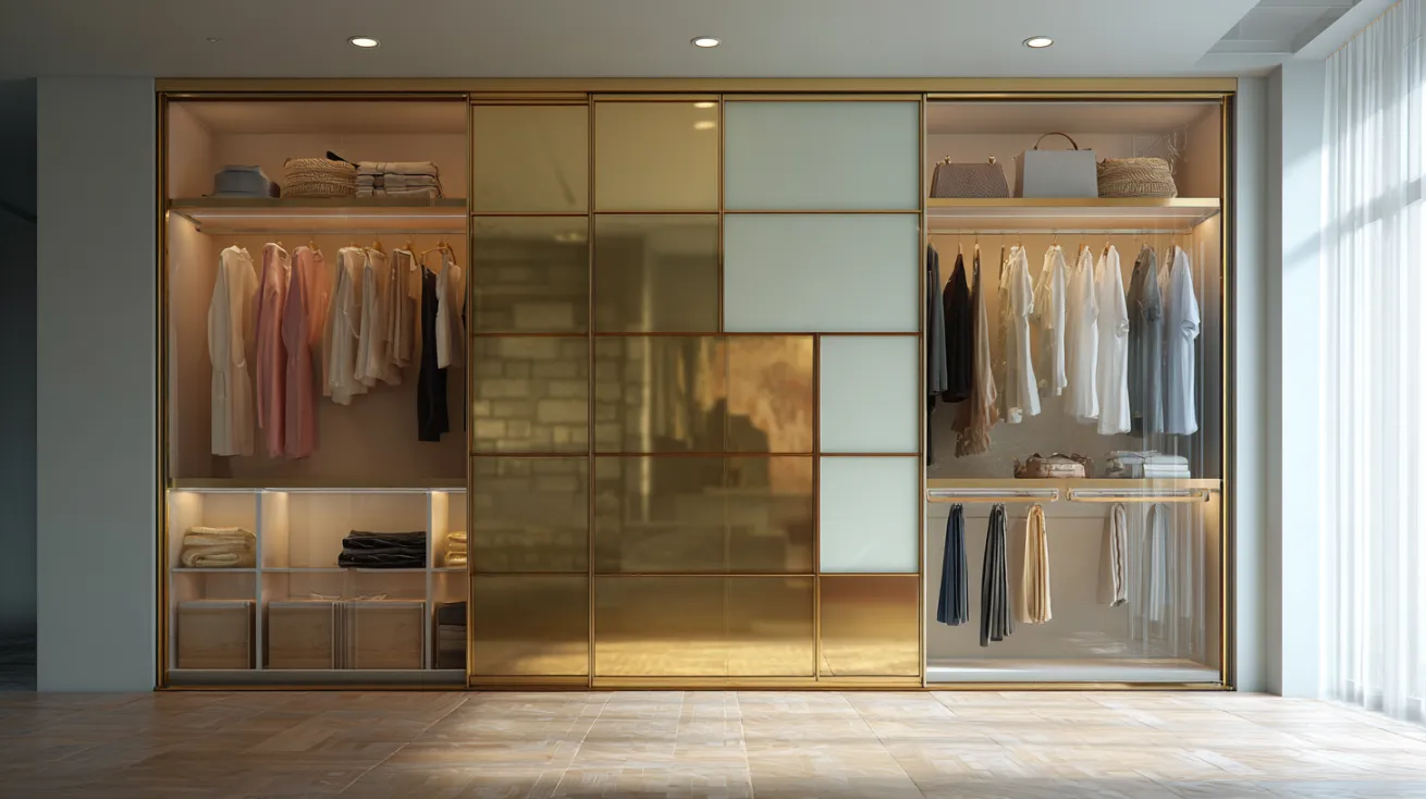 modern glass wardrobe design with two-tone sliding doors for stylish bedrooms