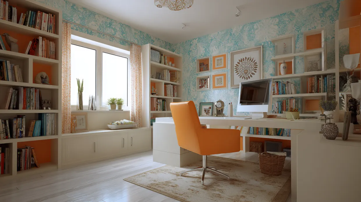 home office with ceiling wallpaper built-in desk and art