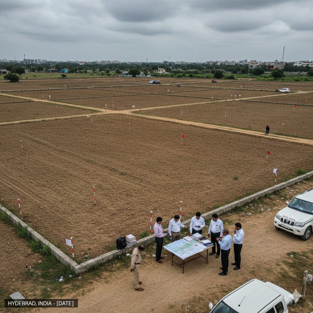 Income Tax Benami Prohibition Unit officials survey attached land near Hyderabad, part of a ₹2,000 crore probe into suspected benami transactions involving multiple entities.