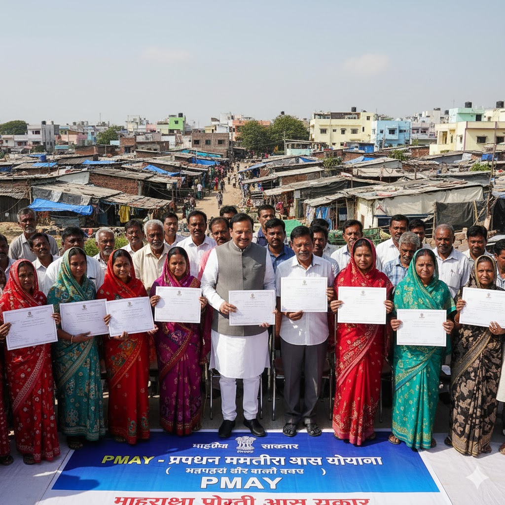 Maharashtra Chief Minister Devendra Fadnavis hands over ownership documents to beneficiaries during the launch of the Nagpur model ownership rights scheme in Nagpur, marking a statewide push to grant legal recognition to slum dwellers.