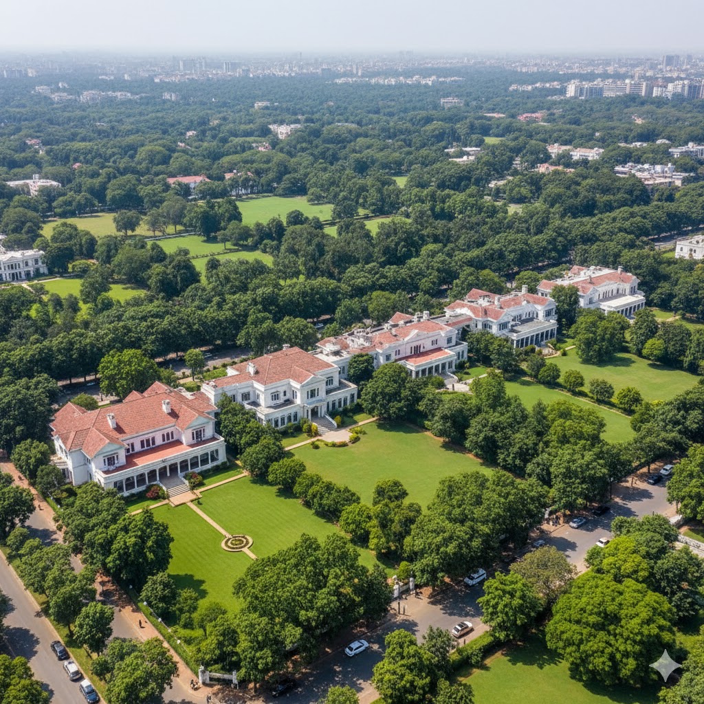 Aerial view of Lutyens’ Delhi, one of India’s most exclusive residential zones, where Prestige Group exited a planned luxury project after selling a prime bungalow for ₹450 crore.